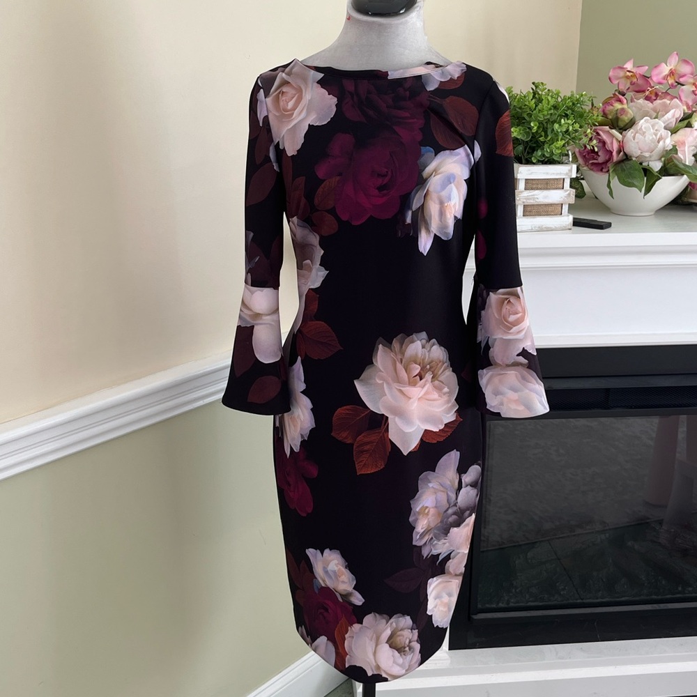 CALVIN KLEIN Black Floral Bell Sleeve Dress 6 NWOT - Picture 5 of 11